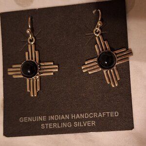 Sterling Silver Zia Symbol Dangle Earrings w/ Black Stone – New Mexico Design